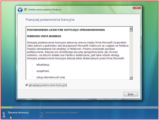 Instalacja systemu MS Windows Vista - Postanowienia licencyjne