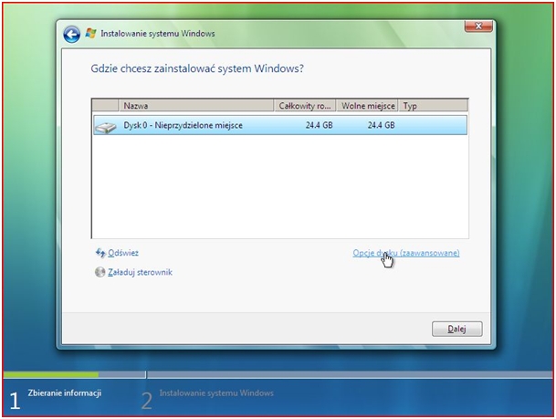 Instalacja systemu MS Windows Vista - zarządzanie dyskami twardymi