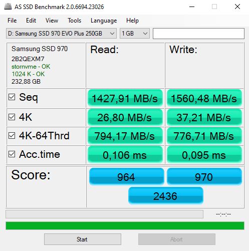 dysk SSD na złączu M2 od Samsunga EVO 970 PLUS pojemności 256GB – test 1GB AS SSD BENCHMARK